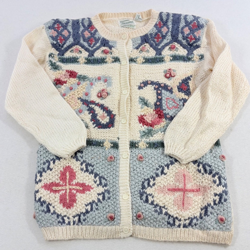 VTG 90s Hand Knit Cardigan Sweater Womens Small Cream Floral Cottage Granny FLAW